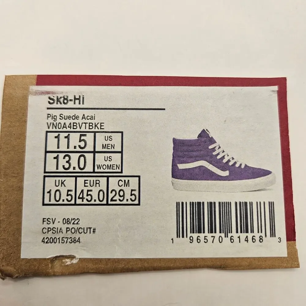 VANS MEN'S 11.5 SK8-Hi PIG SUEDE ACAI PURPLE RARE SNEAKERS NWOB